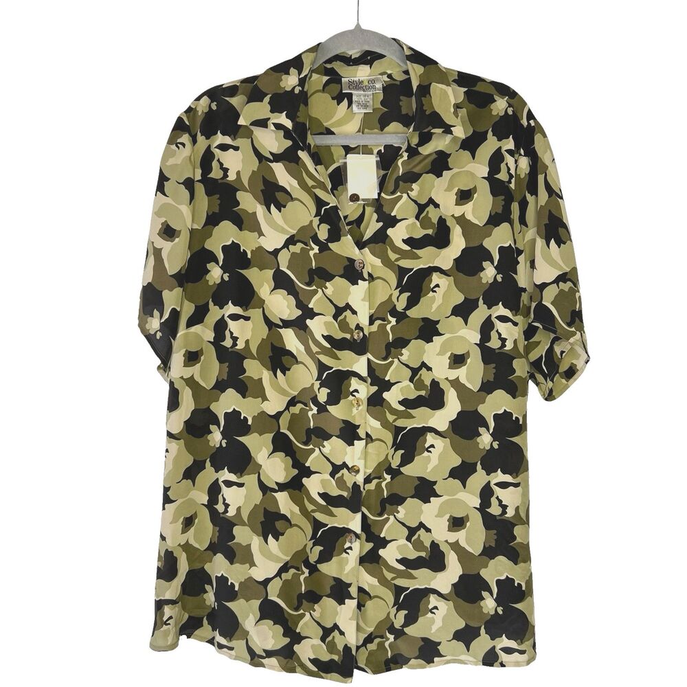 NWT Style & Co Women 100% Silk V-neck Floral Camo Button Semi Sheer Top 18W